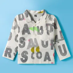 Evimo Single Jersey Knit Full Sleeves Co-Ord Night Suit With Text Print - White & Grey image 2