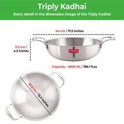 HAZEL Triply Stainless Steel Induction Bottom Kadhai Karahi Kadai With Steel Lid, 5 Litre, 31.9 cm image 3