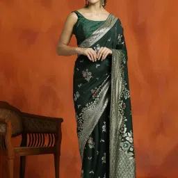 Jaipur Kurti Green Woven Saree With Unstitched Blouse image 1