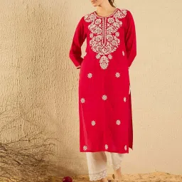 Indo Era Red Embroidered Straight Kurta image 1