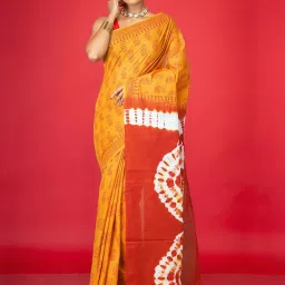 Unnati Silks Yellow & Red Cotton Printed Saree With Unstitched Blouse image 1