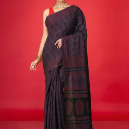 Unnati Silks Purple Cotton Printed Saree With Unstitched Blouse image 1