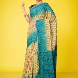 Unnati Silks Yellow & Blue Cotton Printed Saree With Unstitched Blouse image 1