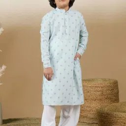 Sanwara Boys Sky Blue Cotton Printed Full Sleeves Kurta & Patiala Salwar-image-0