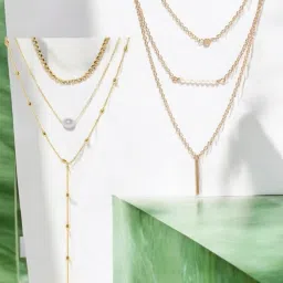 OOMPH Gold Tone Beads and Charm Multi Layered MultiStrand Crystal and Pearls Necklaces Pack of 2 image 1