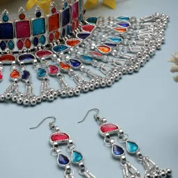 Moedbuille Meenakari Work Afghan Design Oxidised Silver Plated Handcrafted Tasselled Jewellery Set image 1