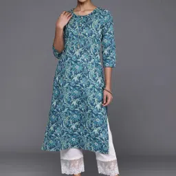 Varanga Blue Cotton Floral Print Straight Kurta-image-95