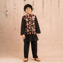 Lil Drama Boys Multicolor Floral Print Full Sleeves Kurta, Pyjamas With Nehru Jacket image 1