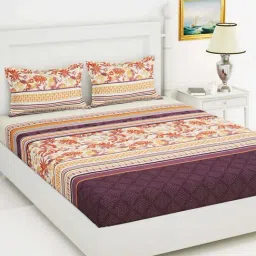 Bianca Newyork Floral Orange & Grey 144 TC Cotton King Bedsheet with 2 Pillow Covers-image-16