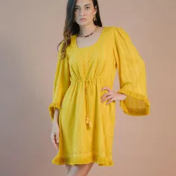 VIRGIO Yellow Flared Fit Solid Dress image 1