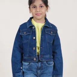 Kiddopanti Girls Dark Rag Wash Blue Solid Full Sleeves Coats Jackets image 1