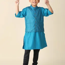 Fabindia Kids Blue Printed Full Sleeves Kurta with Nehru Jacket image 1