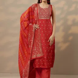 Libas Orange Silk Blend Regular Fit Ethnic Motifs Kurta Sets image 1