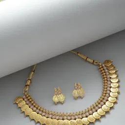 Zeneme Gold Plated Pearl Studded Intricate Textured Details Temple Jewellary Set-picture-13