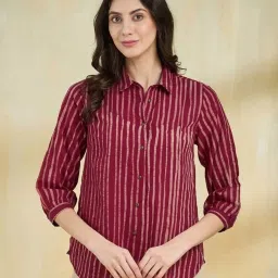 Fabindia Maroon Striped Casual Shirts image 1