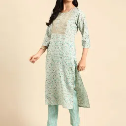 showoffff SHOWOFF Turquoise Cotton Embroidered Kurta Pant Set With Dupatta image 1