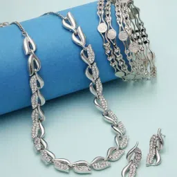 Zeneme Silver Plated AD Studded Oxidised Necklace Earrings and Bangle Set-picture-33