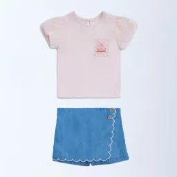 HOP Baby by Westside Light Pink Cotton T-Shirt and Skorts Set-image-28