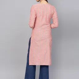 KSUT White & Coral Cotton Striped Straight Kurta image 2