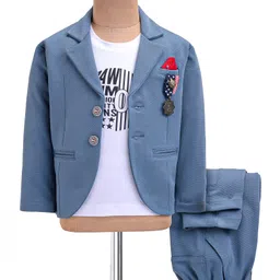 JASH KIDS Cotton Knit Full Sleeves Solid Colour Blazer with Printed T-ShirtTrouser Set & Broach Detailing - Light Blue-picture-34