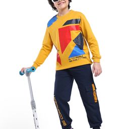 Ollington St. 100% Cotton Knit Full Sleeves Sweatshirt & Joggers Winter Wear Suit With Text Print - Yellow & Navy-picture-1