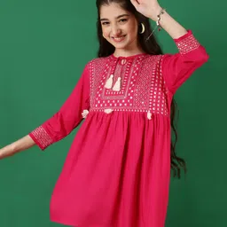 ISHTI Rayon Full Sleeves Sequins & Tassel Embellished Frock Style Top - Pink-picture-21