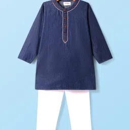 Babyhug Cotton Woven Full Sleeves SolidKurta Pyjama Set With Neck Embroidery- Navy Blue-picture-33