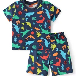 Babyhug Cotton Knit Half Sleeves Shorts Night Suit With Dino Print - Navy Blue-picture-36