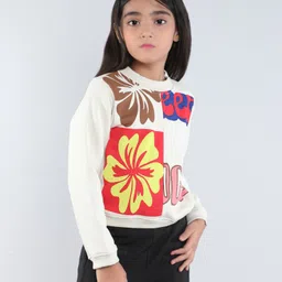 Taffykids Fleece Full Sleeves Floral Printed Cut & Sew Sweatshirt - Beige & Multi Colour-picture-12