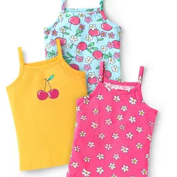 Babyhug 100% Cotton Single Jersey Knit Sleeveless Slips With Floral & Apple Print Pack Of 3 - Pink Light Blue & Yellow-picture-15