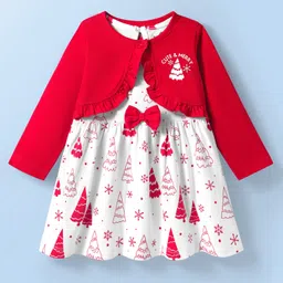 Doodle Poodle 100% Cotton Knit Frock with Full Sleeves Shrug & Christmas Print - Red & White-picture-10