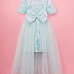 Hola Bonita Knit Half sleeves Party Dress & Skirt With Floral Sequin and Shimmer Veil With Bow Applique - Light Blue-picture-35