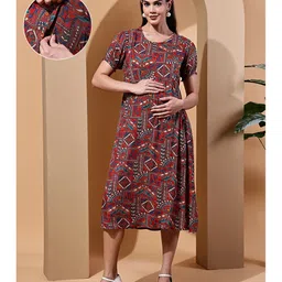 Moms Maternity Rayon Woven Half Puffed Sleeves Rajasthani Printed Maternity Dress With Concealed Front Zipper Nursing Access - Red-picture-21