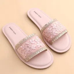 Earthy Touch Slip On Ethnic Wear Embroidered Mojaris Embellished with Sequins - Pink image 2