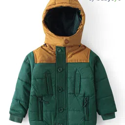 Babyoye Woven Full Sleeves Padded Quilted Jacket with Detachable Hood & Colour Block Design - Dark Green image 2