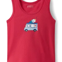 Babyhug 100% Cotton Knit Sleeveless Sandos With Stripes & Vehicle Print Pack of 3 - Red & Yellow image 2