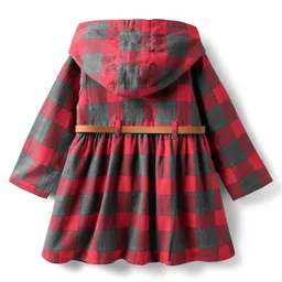 Babyhug Cotton Woven Full Sleeves Hooded Checks Front Open Frock With Belt - Maroon image 2