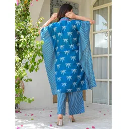 Aujjessa Cotton Woven Half Batwing Sleeves Dragonflies Printed Maternity Kurti With Front Open Nursing Access & Coordinating Pant Set - Indigo Blue image 3