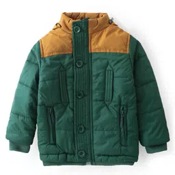 Babyoye Woven Full Sleeves Padded Quilted Jacket with Detachable Hood & Colour Block Design - Dark Green image 3