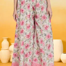 Saanjh Women Floral Printed Regular Thread Work Kurta with Sharara & Dupatta image 5