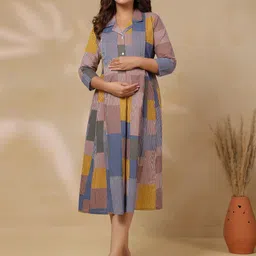 CRAFIQA Women Checked Cotton Maternity A-Line Midi Dress-picture-29