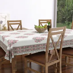 Texstylers White & Grey Floral Printed Rectangular Anti-Slip Cotton 6-Seater Table Cover image 3