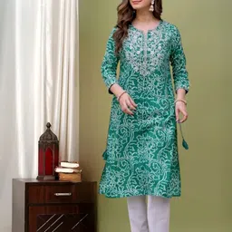 Wawlooks Floral Printed Notch Neck Zari Details Straight Kurta-picture-7