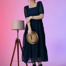 Raiyani Enterprise Women Square Neck Tiered Puff Sleeve Fit & Flare Maxi Dress-image-53