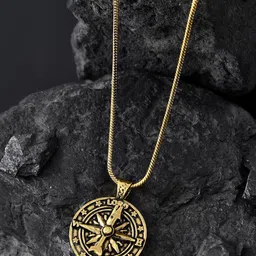 Voylla Men Gold-Plated Statement Compass Oxidised Pendant With Chain-picture-20