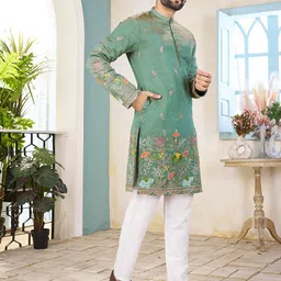 SHOPGARB Men Floral Embroidered Sequinned Pastels Kurta image 5