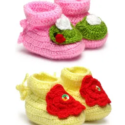 MayRa Knits Pack Of 2 Pair Of Flower Design Booties - Yellow & Pink-picture-15