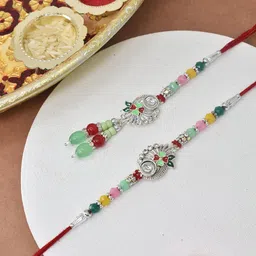 MEIRA JEWELLERY Silver-Plated Artificial Stones Studded & Beaded Bhaiya Bhabi Rakhi-picture-20