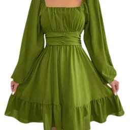 chakra healing reiki chr Women Square Neck Puff Sleeves Tiered Fit and Flare Dress-picture-40