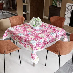 Aura Pink & White Floral Printed 4-Seater Square Table Cover-picture-22